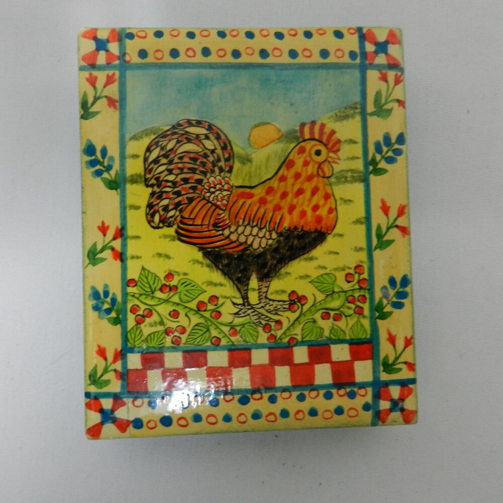 Vintage Hand Painted Wood trinket jewelry Box small 4" x 5" Farm animals Sun